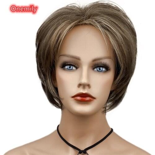Onemily Short Layered Chestnut Brown Bob Wig Natural Straight Synthetic Hair for Daily Party Costume