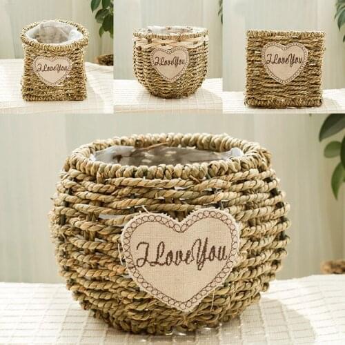 Hand-Woven Basket Rattan Woven Straw Flower Pot Flower Arrangement Basket Decoration Green Radish Fleshy Green Plant Basket