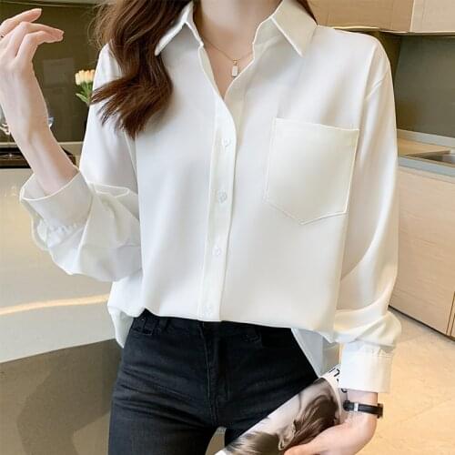 2021 Early Autumn Fashion Loose Women Simple Casual Shirts Long Sleeve Solid White Blue Black Pockets Femme Chiffon Blouse