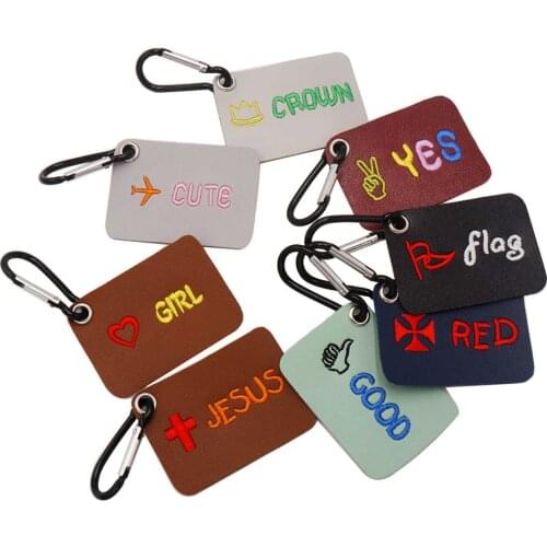 Custom Cute Crown Heart Stars Embroidered Name Tags Leather Keychain