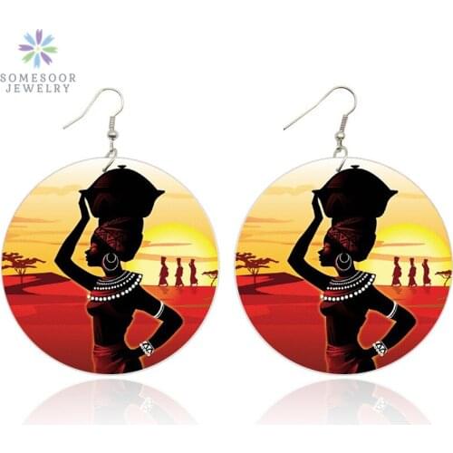 SOMESOOR Afro Ethnic Beauty Headwrap Woman Wooden Drop Earrings African Tribal Art Design Boths Sides Printing Jewelry Gifts