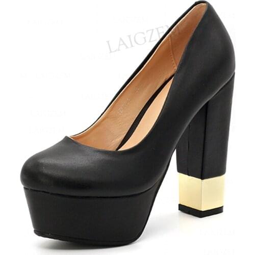 SEIIHEM Handmade Women Platform Pumps LEATHER Dance Block Thick Heeled Slip On Party Prom Shoes Woman Big Size 33 38 39 41 43