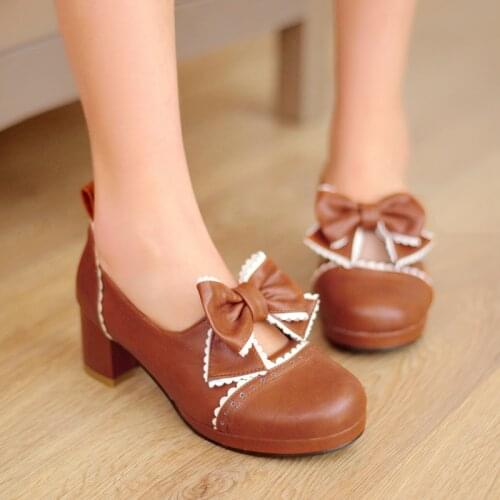 YMECHIC 2019 Sweet Cute Purple Brown Black Butterfly-knot Lolita Shoes Women Ankle Strap Mary Jane Block Heel Shoes Women Pumps