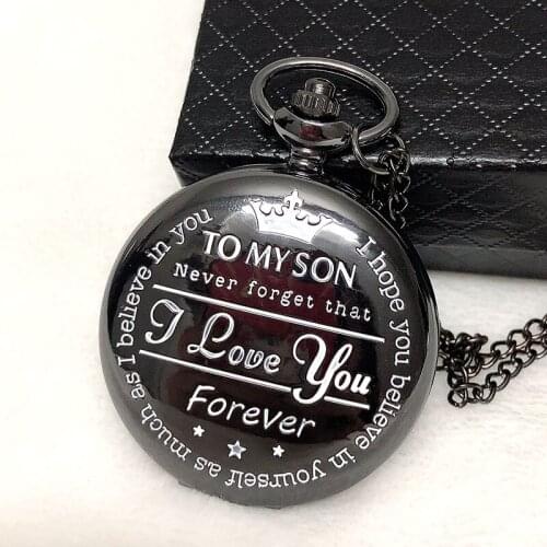 Vintage Carved TO MY SON I love YOU Quartz Pocket Watch Necklace Men Women Pendant Gift for Christmas 50pcs/lot