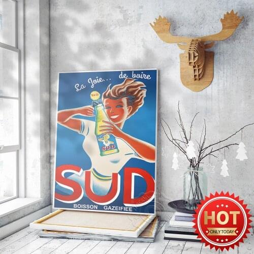 Vintage French Sud Boisson Gazeifiee Poster, European Vintage Art Drinks Advertising Prints, Bar Pub Club Wall Decor Mural