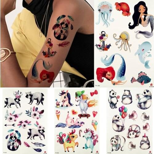 FANRUI 3D Mermaid Cartoon Raccoon Unicorn Feather Anchor Temporary Tattoo Sticker Waterproof Tattoos Makeup Fake Tatoo Custom