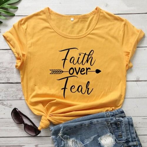 Faith Over Fear Arrow Print T-shirt Stylish Women Christian Church Tshirt Inspiring Religious Jesus Bible Tee Shirt Top Dropship