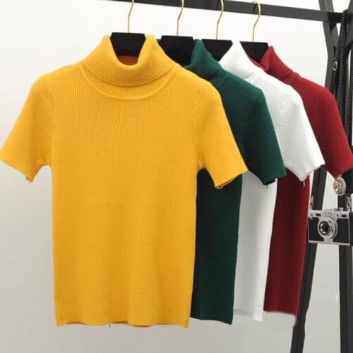 2020 Spring Knitted Tops Women Short Sleeve T Shirt Autumn Winter Turtleneck Pullovers T-shirt Tee Shirt Femme Tshirt Knitwear