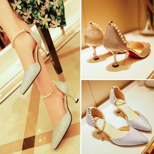 Silver sequin word buckle sandals women spring 2020 new hollow pointed cat heel shoes gold wild high heel womens shoes
