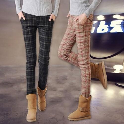 2019 winter OL office work wear femme Plaid pants women warm plus thick with velvet skinny slim pencil pants female trousers