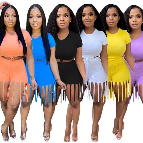 Women Tassel Fringe 2 Piece Pants Sets Solid Short Sleeve O-neck Strechy Casual Overalls Summer Outfits Wholesale