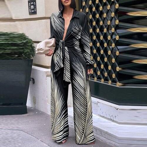 2021 spring and summer new office Ladies Front Tie irregular shirt top wide leg pants suit printing ladies casual two-piece suit