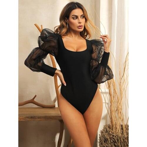 2021 Summer Black Sexy Mesh Patchwork O Neck Women Casual Skinny Bodysuits Streetwear Long Sleeve Korean Femme Rompers DH7483