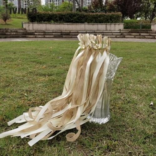 50pcs/lot Jute wedding ribbon wands with sliver bell for wedding decoration