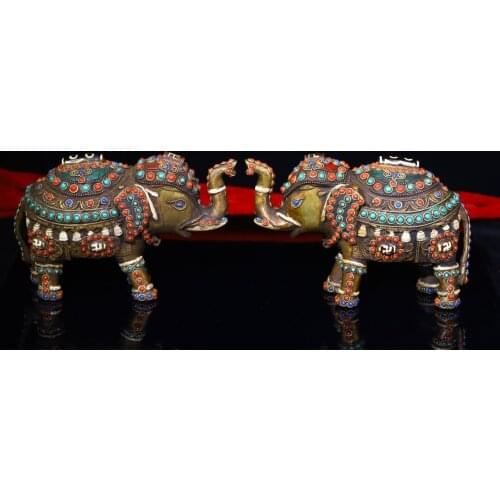 7" Tibet Buddhism Old Bronze Filigree mosaic Gem Dzi Bead Elephant statue A pair Town House Exorcism Ward off evil spirits