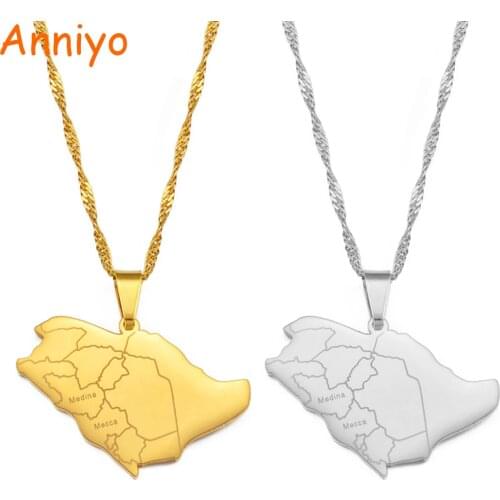Anniyo Saudi Arabia Map With Medina & Mecca City Name Pendant Neckalces Saudi Jewelry #213421