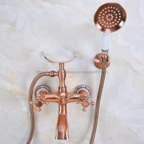Antique Red Copper Bathtub Faucet Wall Mount Handheld Bath Tub Mixer System with Handshower Telephone Style Nna362