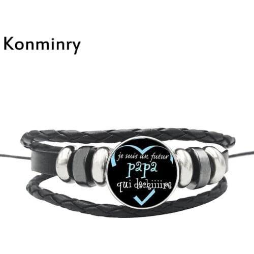 Konminry Super Papa Tata Bracelet Glass Dome Buttons Leather Rope Chain Bangle For Women Men Jewelry French Dad
