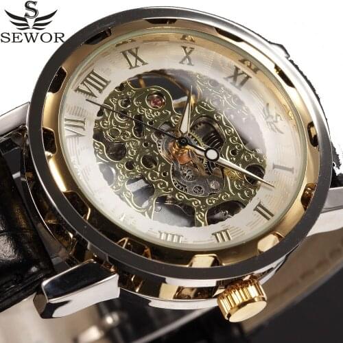 SEWOR Mechanical Watch Men Transparent Gold Leather Vintage Business Fashion Casual Skeleton Male Wristwatch Relogio Masculino