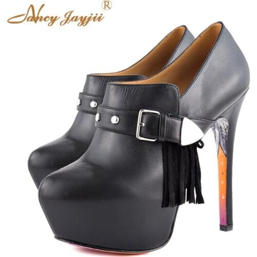 Thick bottom black tassel shallow mouth round head cover waterproof platform super thin with ladies shoes banquet office fashion