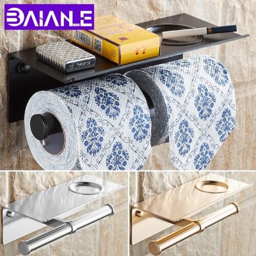 BAIANLE Bathroom Toilet Paper Holder with Shelf Hooks Creative Black Paper Towel Rack Wall Mounted Lengthen Gold Roll Paper Rack