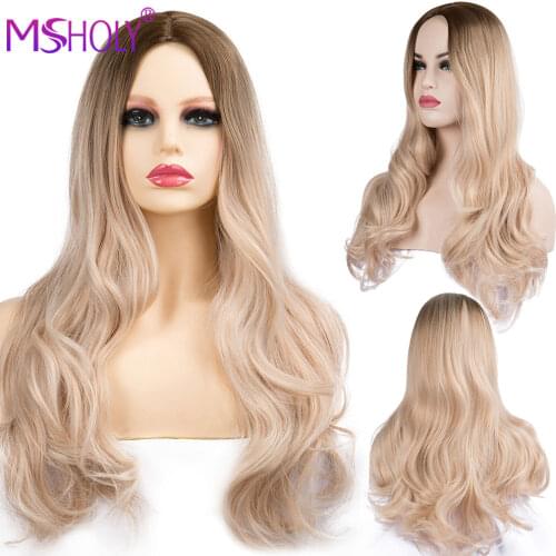 Long 2 Tone Ombre Brown Ash Blonde Wig Synthetic Wavy Curly Wigs For Women Glueless Wavy Daily Cosplay Natural Hair Wigs