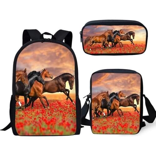 HaoYun Childrens 3PCs Backpack Set Flower Horse Prints Pattern Kids School Book Bags Set Students Backpack/Flaps Bag/Pen Bags