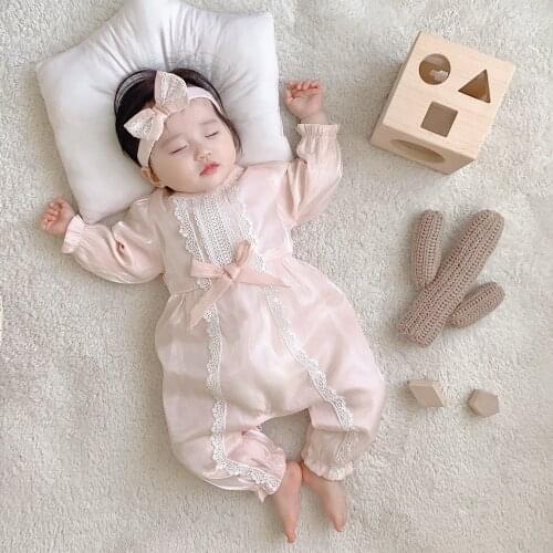 Newborn Princess Baptism Suit New Girls Lace Long Sleeve One-piece Hairband Infant Girl Clothes 0 To 3 Months Romper Baby