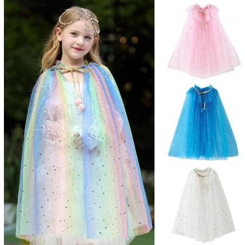 Halloween Costume Girls Rainbow Sequin Princess Shawl Colorful Tulle Cape Cloak Child Fancy Dress Up Mantle Cosplay Kids Clothes