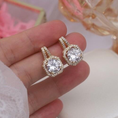 Korean hot fashion jewelry, exquisite copper inlaid zircon temperament square earrings, elegant womens wedding daily earrings