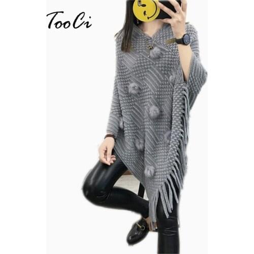 Fashion Spring Women Gray Sweater Lady Hairball Tassels Poncho Long Knitted Pullovers Knitted Cape Coat