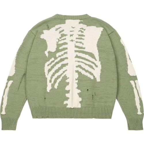 Men Oversized Skeleton Sweater Green Loose Bone Printing Woman High Street Damage Hole Vintage 1:1 Knitted Harajuku Sweater