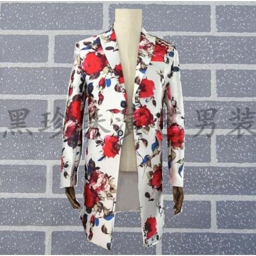 Men long suits designs masculino homme stage costumes singers men printing blazer dance clothes jacket star style dress punk