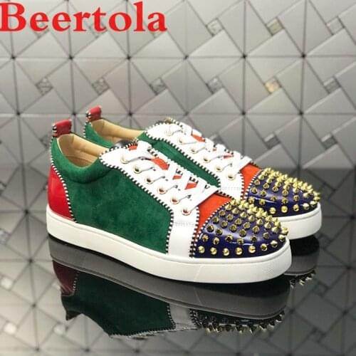 Beertola Mixed Color Mens Casual Flats Shoes Patchwork Spikes Head Lace Up Flock Luxury Brand Men Shoes Leisure Style Men Shoes