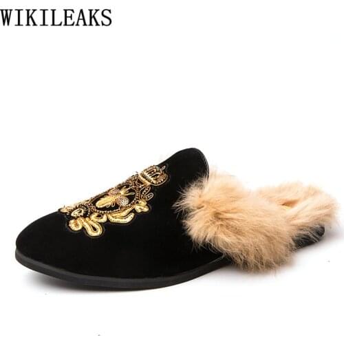 Mules Half Shoes for Men 2021 Black Casual Shoes Mens Embroider Fur Slip on Shoes Man Mules Homme Chaussure De Homme Zapatillas