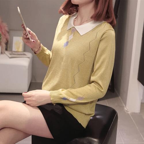 2021 Autumn New Plus Size Womens Lapel Thin Knit Top Fashionable Simple Diamond Lattice Pullover Sweater Bottoming Shirt e165