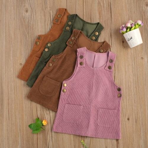 Infant Kids Solid Color Corduroy Overalls Toddler Baby Girl Casual U-shaped Neck Suspender Dress with Adjustable Straps Pockets