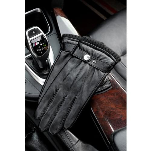 Mens sheepskin gloves autumn and winter warm skiing motorcycle driving touch screen all-finger black gloves high quality