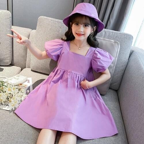 Girls Dresses Casual Short Sleeve Cotton Yellow Pink Light Purple 4 5 6 7 8 9 10 11 12 13 14 Years Kids Dress Send Headgear Hat