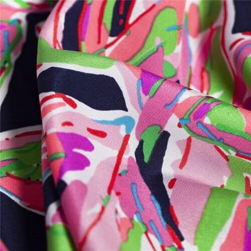 Printed pink and green big floral pure silk crepe de chine fabric, navy background, 16momme, sewing for dress, craft by the yard