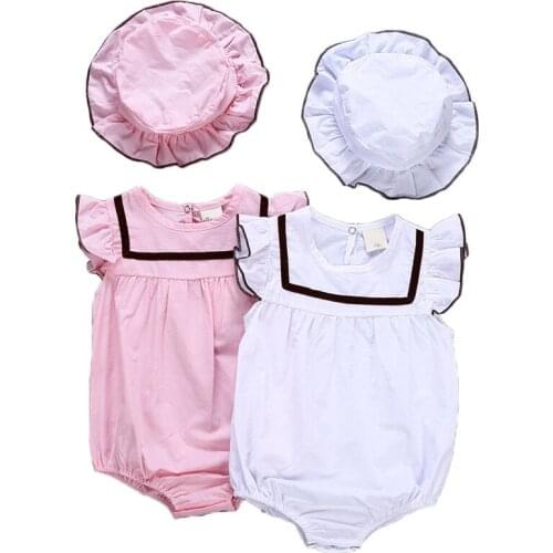 Infant Girls Pink Romper Tops One Piece Sleeveless Ruffle Jumpsuit with Hat Set Solid Color Soft Cotton Lady Girl Style Clothes