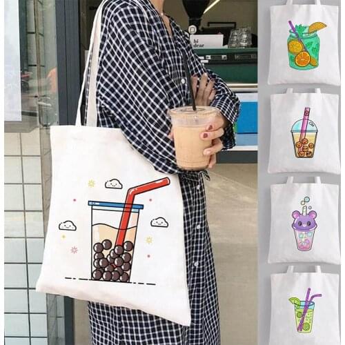 Ladies Shopper Student Book Bags Gift Women Fashion Bag Reusable Shopping Canvas Tote Bag with Milk and Tea Print for Young