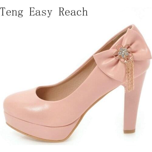 Women Pumps Fashion Classic High Heels Shoes Sweet Bow White Pink Heels Platform Wedding Dress Party Shoes Women Plus Size 45