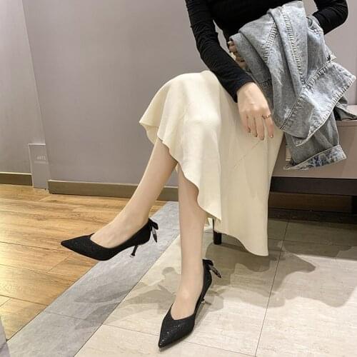 Party Shoes High Heels Women Brand Bowknot Fashion Point Toe Pumps Sequins Dress Thin High Heels 2021 Autumn New Pumps