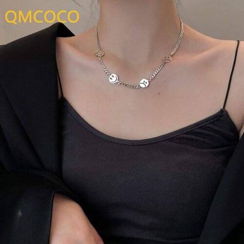Vintage 925 Silver Trendy Necklace Korean INS Punk Hip-Hop Smile Face Cry Face Neck Chain Woman Collarbone Chain Jewelry Gift