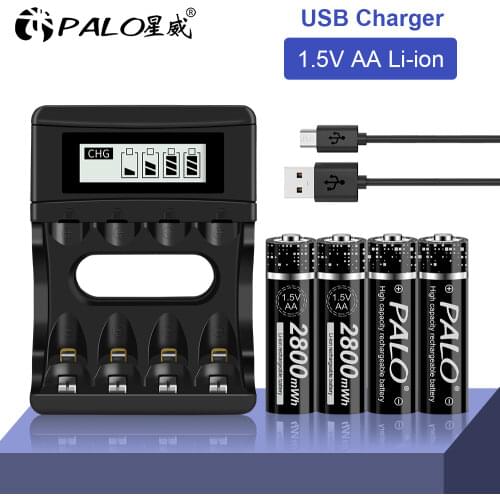 PALO 1.5V AA Li-ion Battery Charger Lithium 2800mWh 1.5 V Liion AA Rechargeable Batteries for Remote Control Toy Battery Light