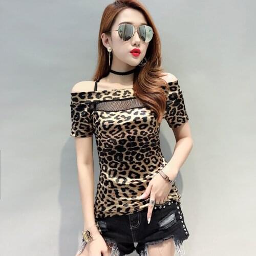 2019 New T-shirt Women Black Leopard Slash Neck Mesh Patchwork Hollow Out Summer Top Shirt Short Sleeve Camiseta Mujer T95491