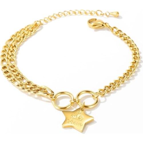 2020 fashion gold color star Crown Pendant bracelets for women kpop stainless steel layered chain wristband jewelry accessories