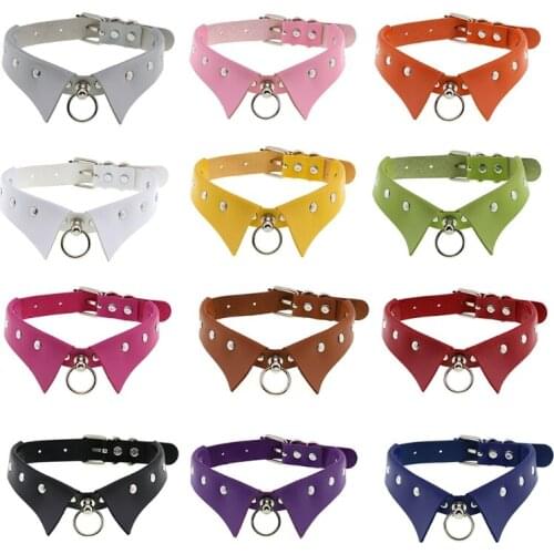 Women Artificial Leather Faux Lapel Choker Collar Gothic Punk Style Harajuku Metal O-Ring Pendant Studded Necklace Belt