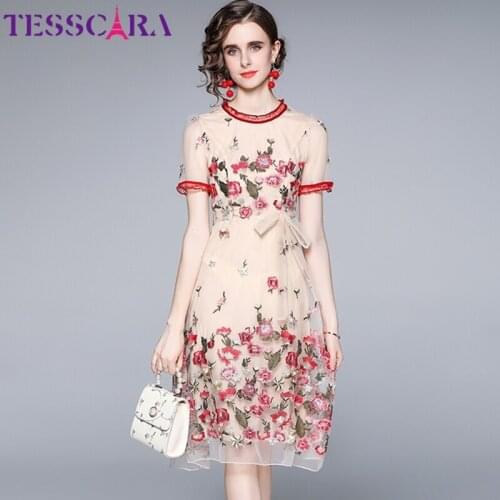TESSCARA Women Summer Luxury Embroidery Mesh Dress Festa High Quality Floral Wedding Party Robe Femme Vintage Designer Vestidos